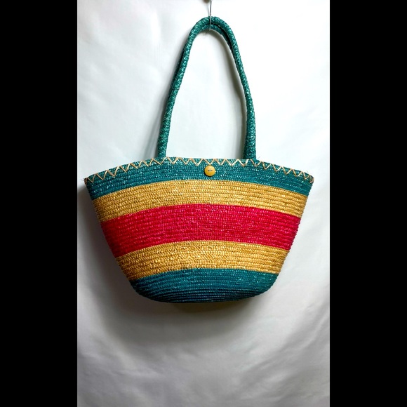 Beach Bag Wheat straw Green/Pink Hobo Hippie Boho - Picture 1 of 3